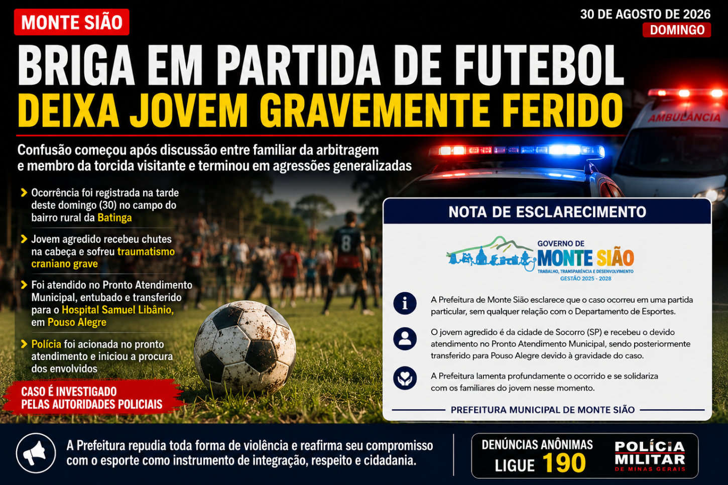 Briga generalizada durante partida de futebol deixa jovem gravemente ferido na zona rural de Monte Sião
