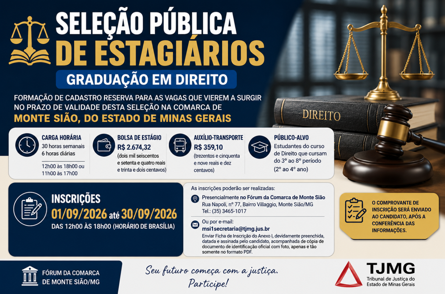 Seleção para estágio em Direito em Monte Sião oferece bolsa de R$ 2,6 mil