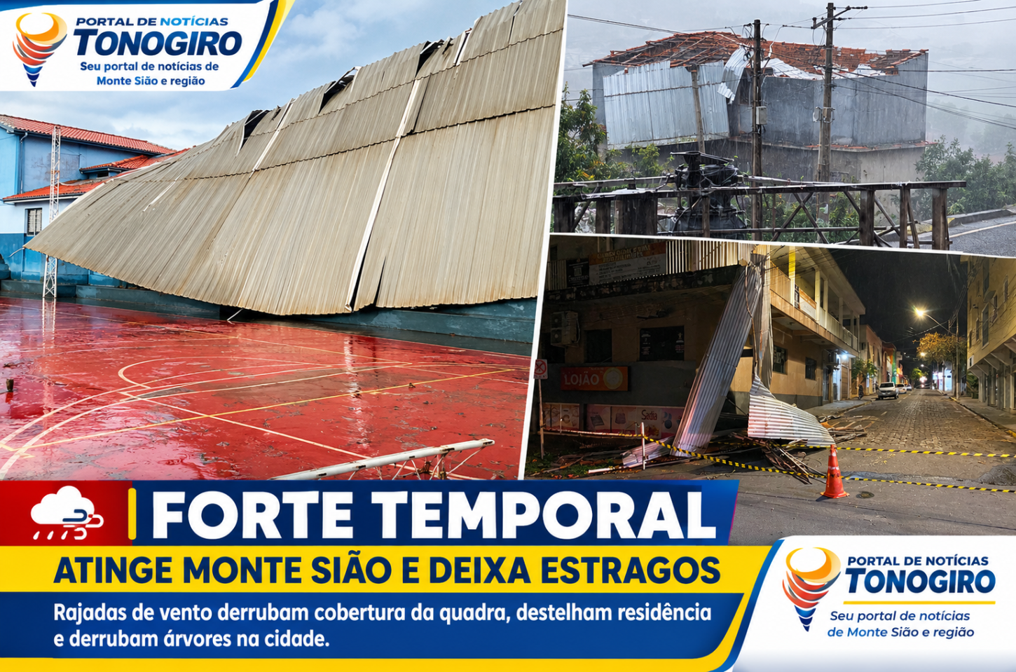 Chuva forte e rajadas de vento causam estragos em Monte Sião. Vídeo mostra a força do vento e destruição de uma quadra.
