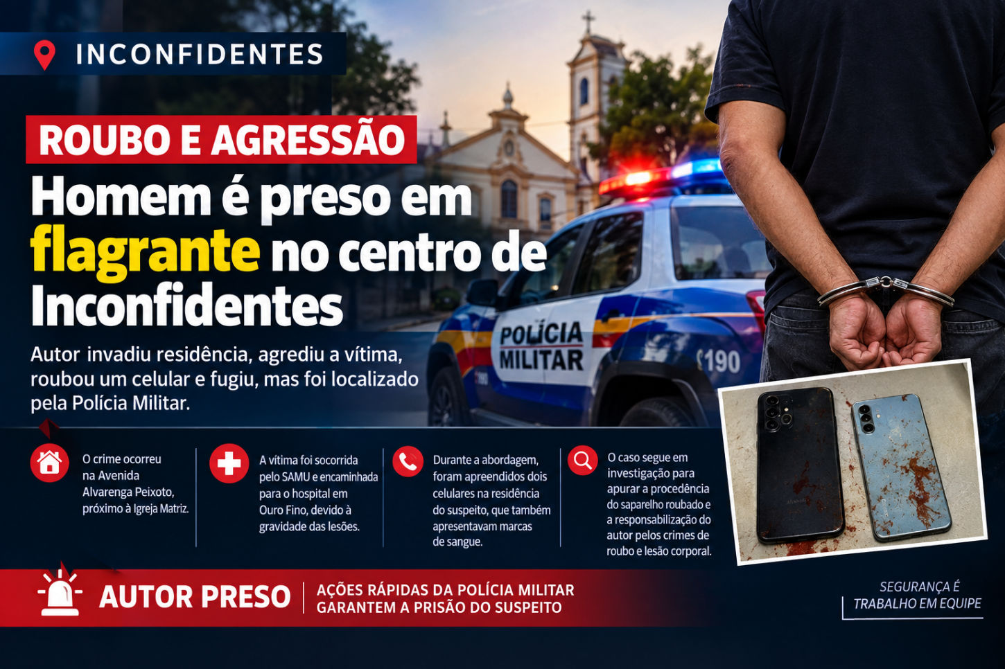 Homem é preso após roubo e agressão na cidade de Inconfidentes