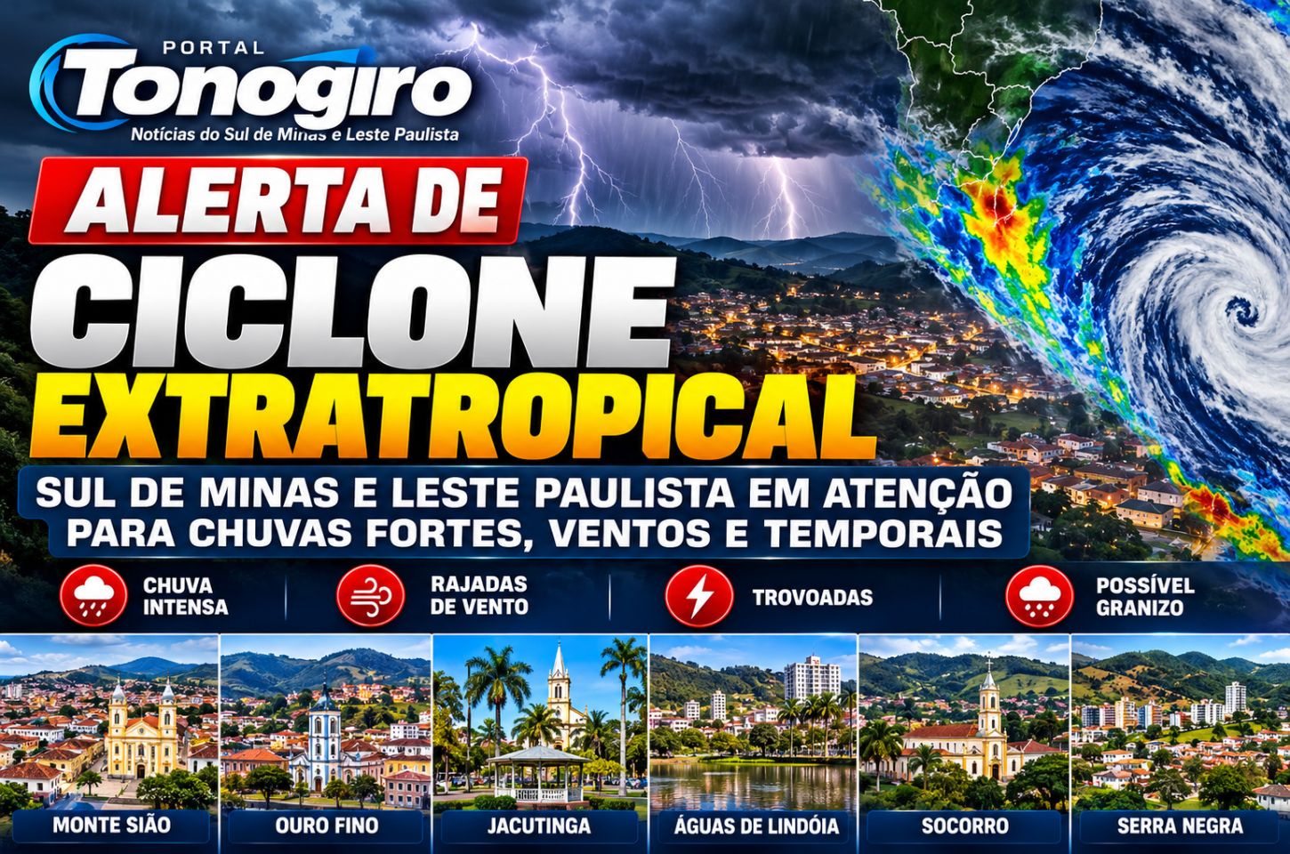 Ciclone extratropical coloca Sul de Minas e Leste Paulista em atenção para chuvas fortes, ventos e possíveis temporais