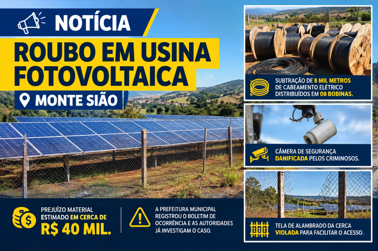 Roubo de cabos elétricos em usina solar no interior mobiliza polícia em Monte Sião