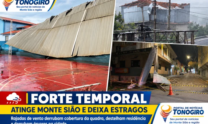 Chuva forte e rajadas de vento causam estragos em Monte Sião. Vídeo mostra a força do vento e destruição de uma quadra.