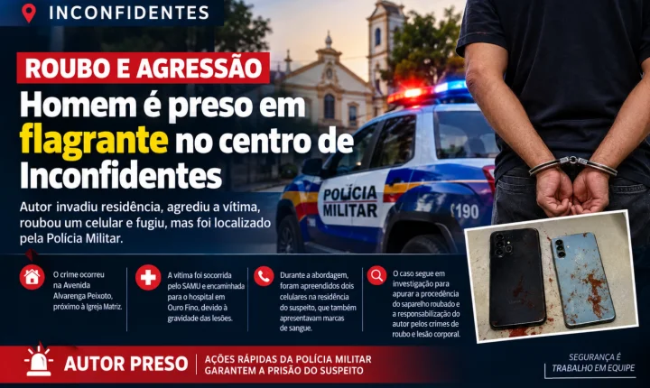 Homem é preso após roubo e agressão na cidade de Inconfidentes