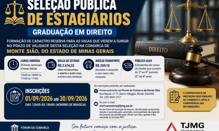 Seleção para estágio em Direito em Monte Sião oferece bolsa de R$ 2,6 mil